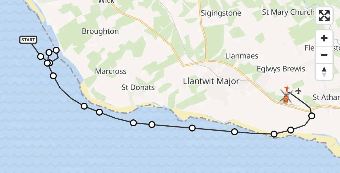 Flight route Coastguard Helicopter Southerndown - MOD St Athan, 13 June 2026, 09:08