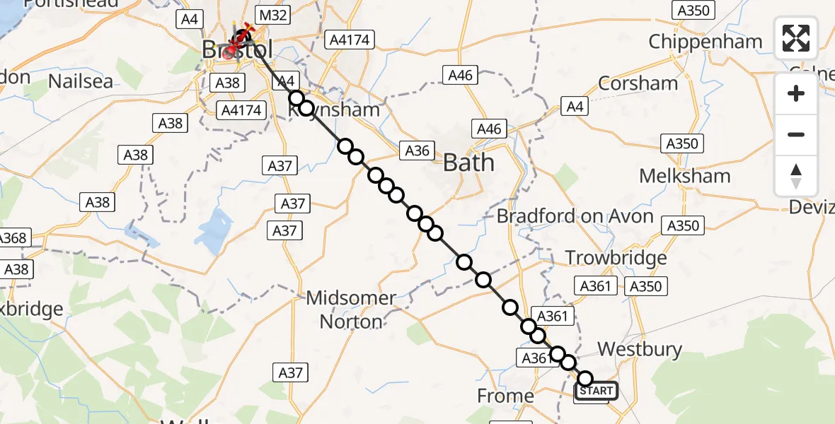 Flight route Air Ambulance Helicopter Dilton Marsh - Bristol Royal Infirmary, 13 June 2026, 09:27