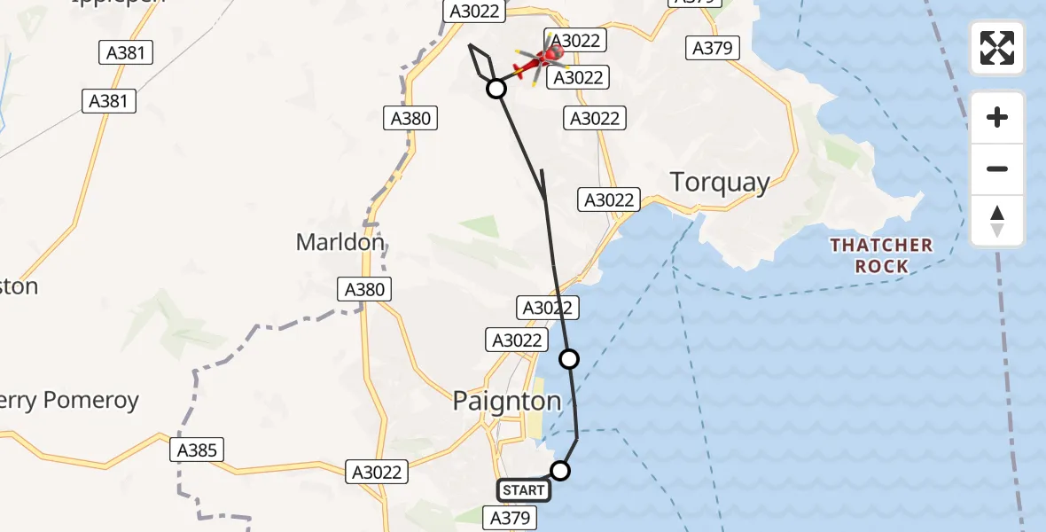 Flight route Air Ambulance Helicopter Paignton - Torquay, 13 June 2026, 09:36