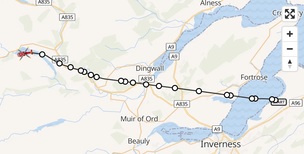 Flight route Air Ambulance Helicopter Ardersier - Loch Luichart, 13 June 2026, 09:42