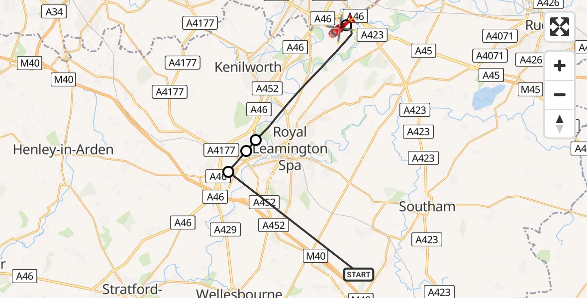 Flight route Air Ambulance Helicopter Stratford-on-Avon - Coventry Airport, 13 June 2026, 09:48