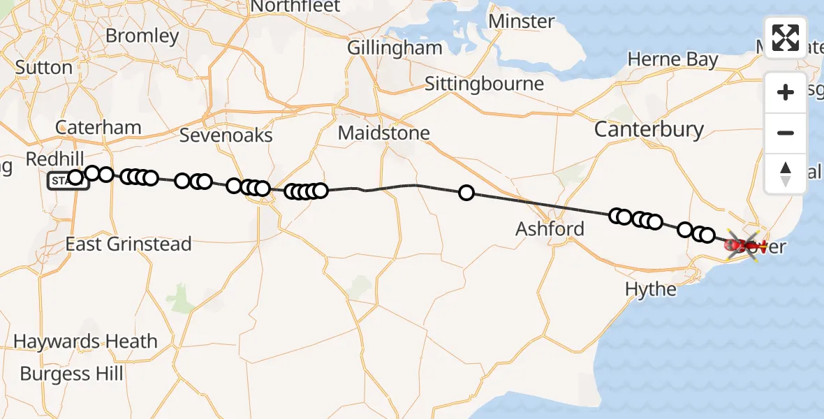 Flight route Air Ambulance Helicopter Redhill Aerodrome - Dover, 13 June 2026, 09:50