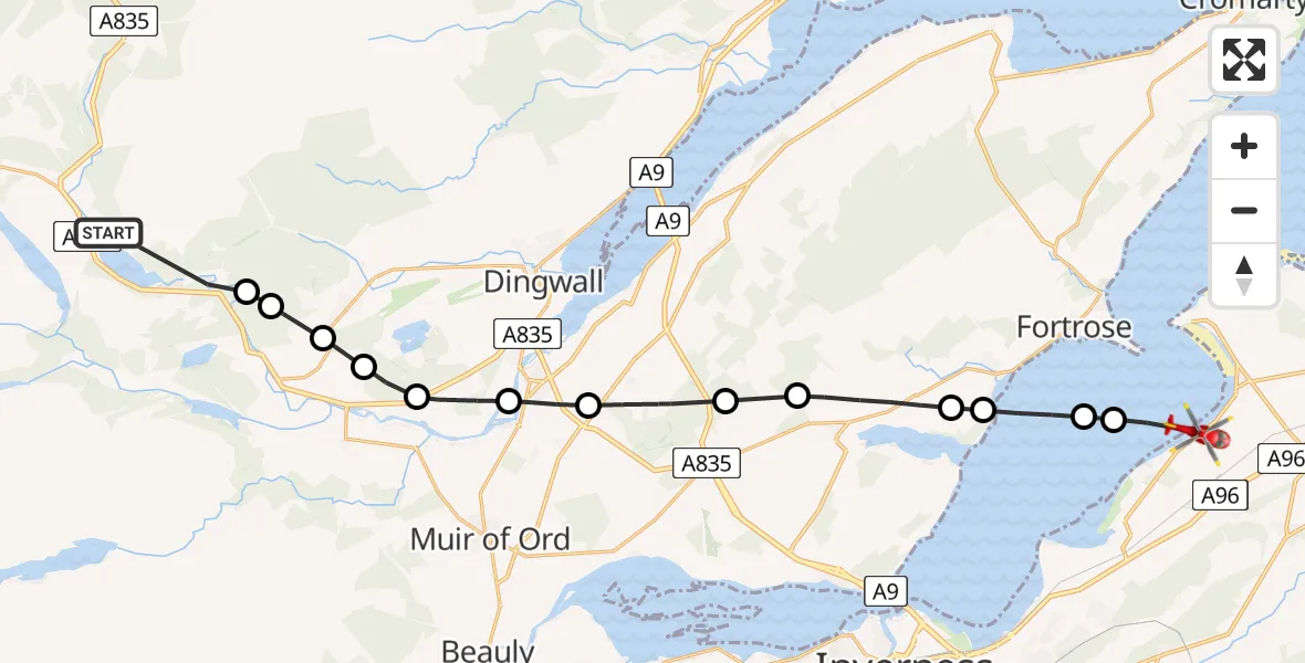 Flight route Air Ambulance Helicopter Garve - Ardersier, 13 June 2026, 10:05