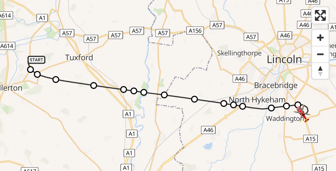 Flight route Air Ambulance Helicopter Walesby CP - North Kesteven, 13 June 2026, 10:09