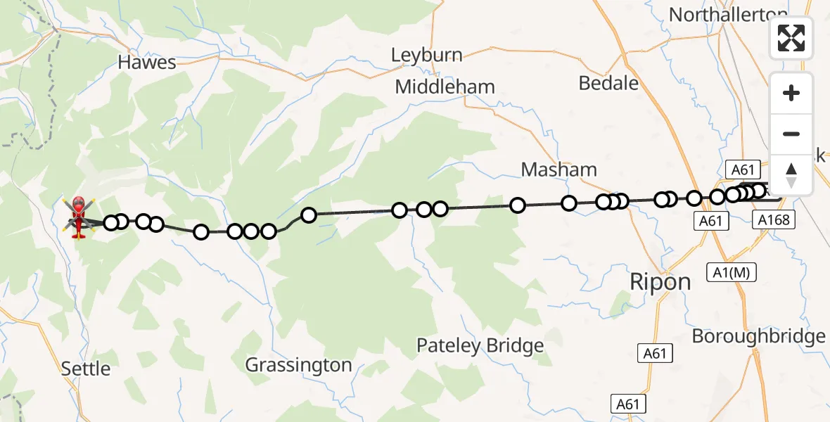 Flight route Air Ambulance Helicopter RAF Topcliffe - Horton in Ribblesdale, 13 June 2026, 10:14