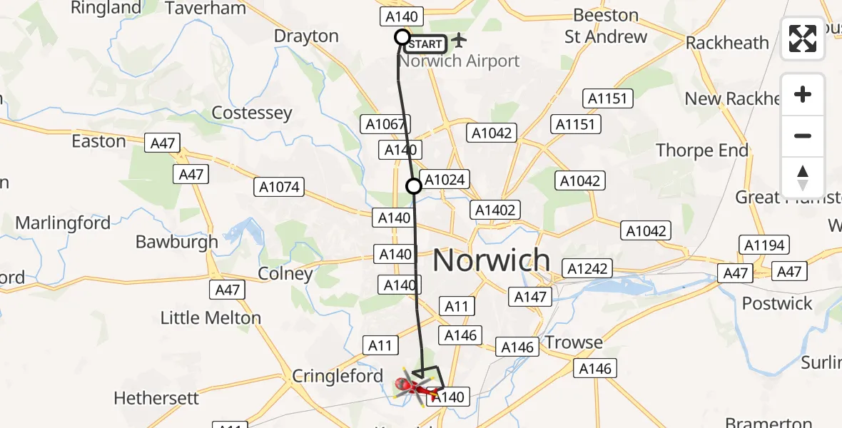 Flight route Air Ambulance Helicopter Norwich Airport - Norwich, 13 June 2026, 10:27