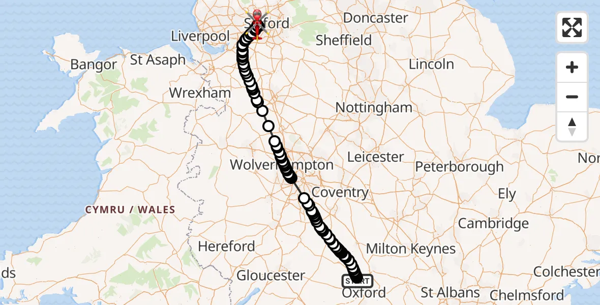 Flight route Air Ambulance Helicopter London Oxford Airport - Manchester Barton Aerodrome, 13 June 2026, 10:31
