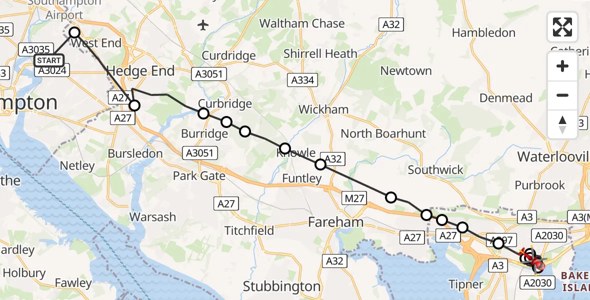 Flight route Air Ambulance Helicopter Midanbury - Drayton, 13 June 2026, 10:40