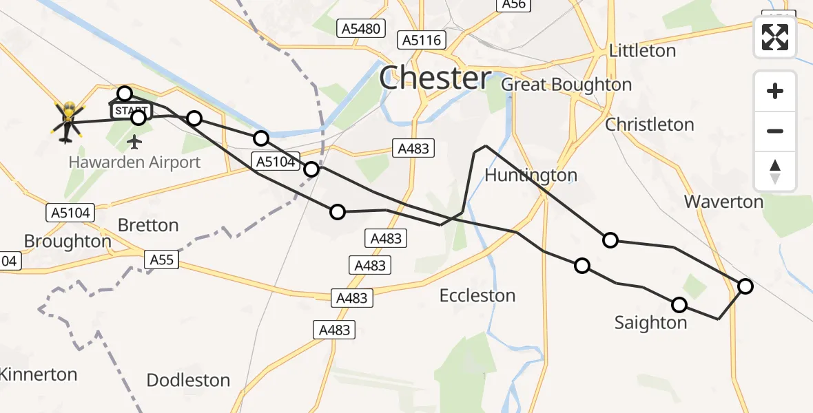 Flight route Police Helicopter Hawarden Airport - Broughton, 13 June 2026, 10:42