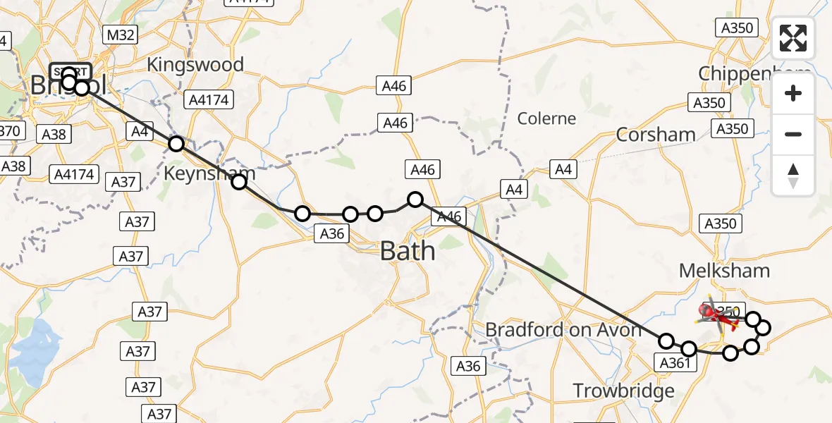 Flight route Air Ambulance Helicopter Bristol Royal Infirmary - Melksham, 13 June 2026, 10:42