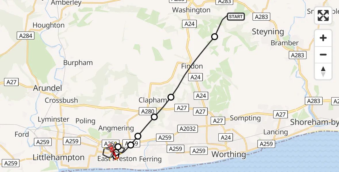 Flight route Air Ambulance Helicopter Horsham - Rustington, 13 June 2026, 11:22