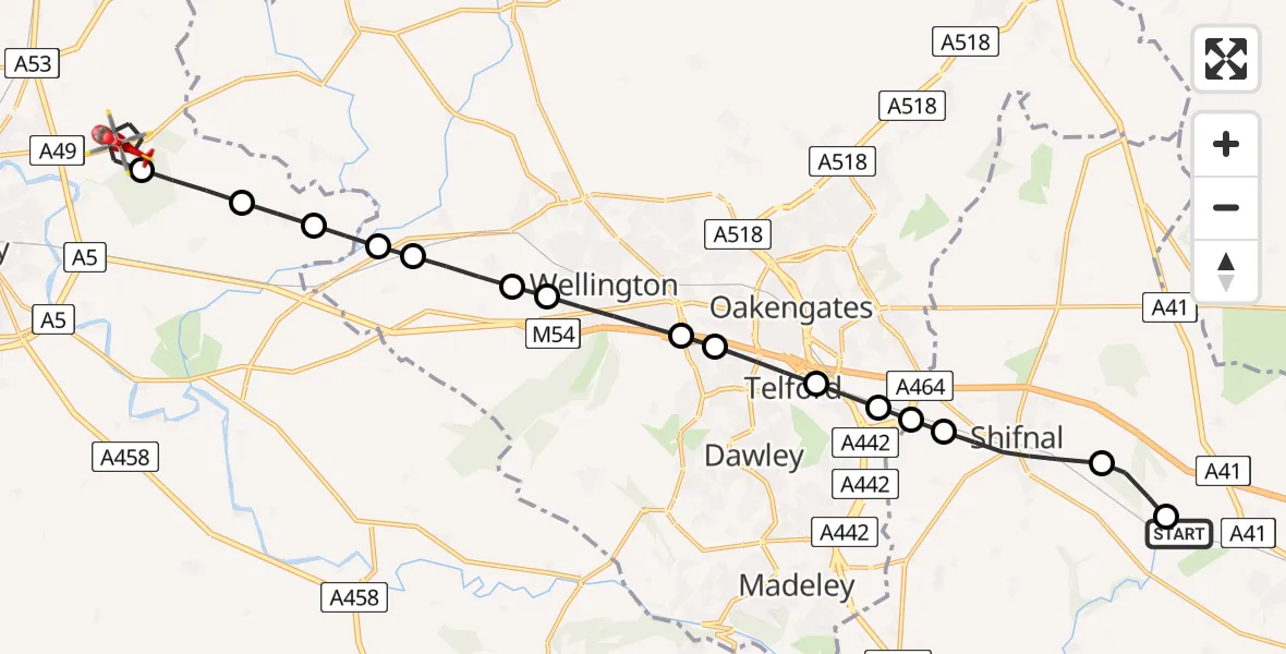 Flight route Air Ambulance Helicopter RAF Cosford - Uffington, 13 June 2026, 11:23