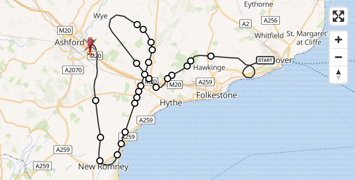 Flight route Air Ambulance Helicopter Dover - Ashford, 13 June 2026, 11:24