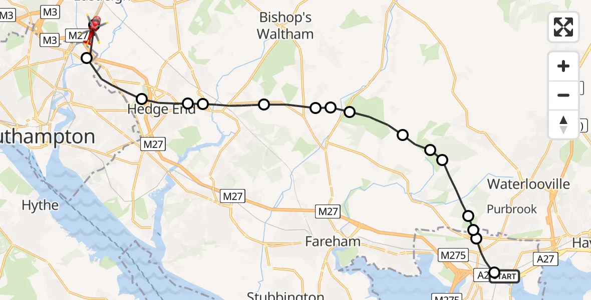 Flight route Air Ambulance Helicopter Anchorage Park - Southampton Airport, 13 June 2026, 11:24