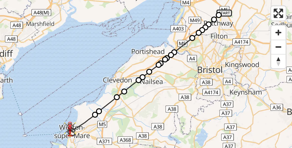Flight route Air Ambulance Helicopter Almondsbury Helicopter Base - Weston-super-Mare, 13 June 2026, 11:26