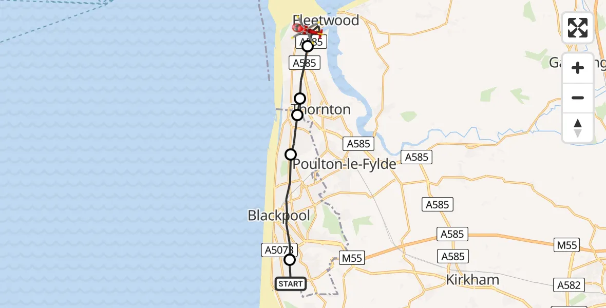 Flight route Air Ambulance Helicopter Blackpool Airport - Fleetwood, 13 June 2026, 11:28