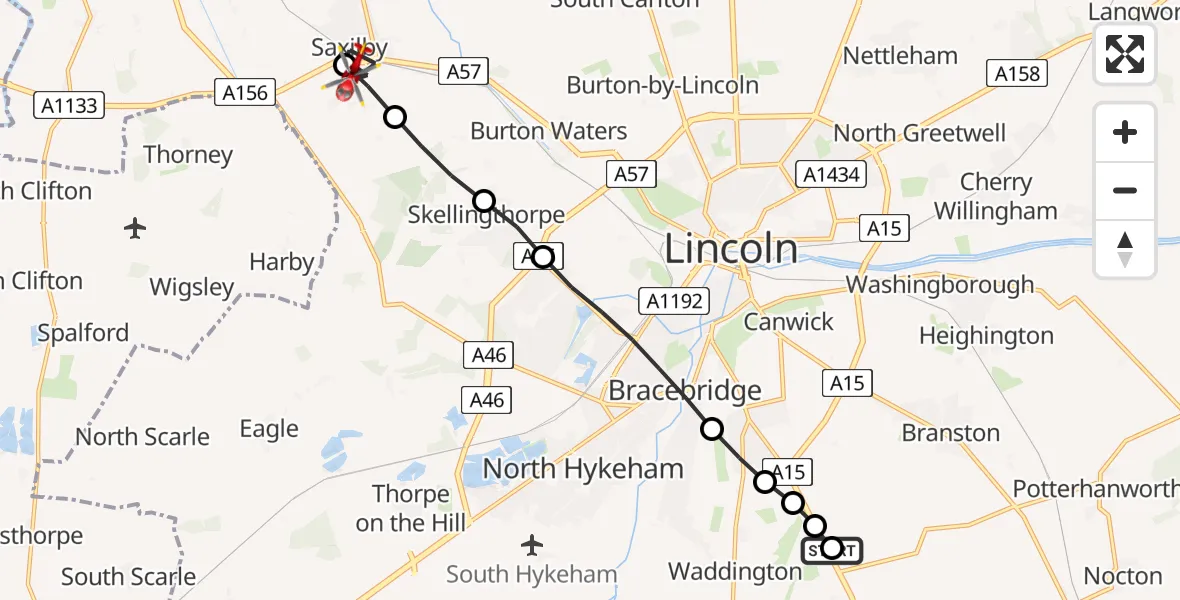 Flight route Air Ambulance Helicopter RAF Waddington - Saxilby, 13 June 2026, 11:30