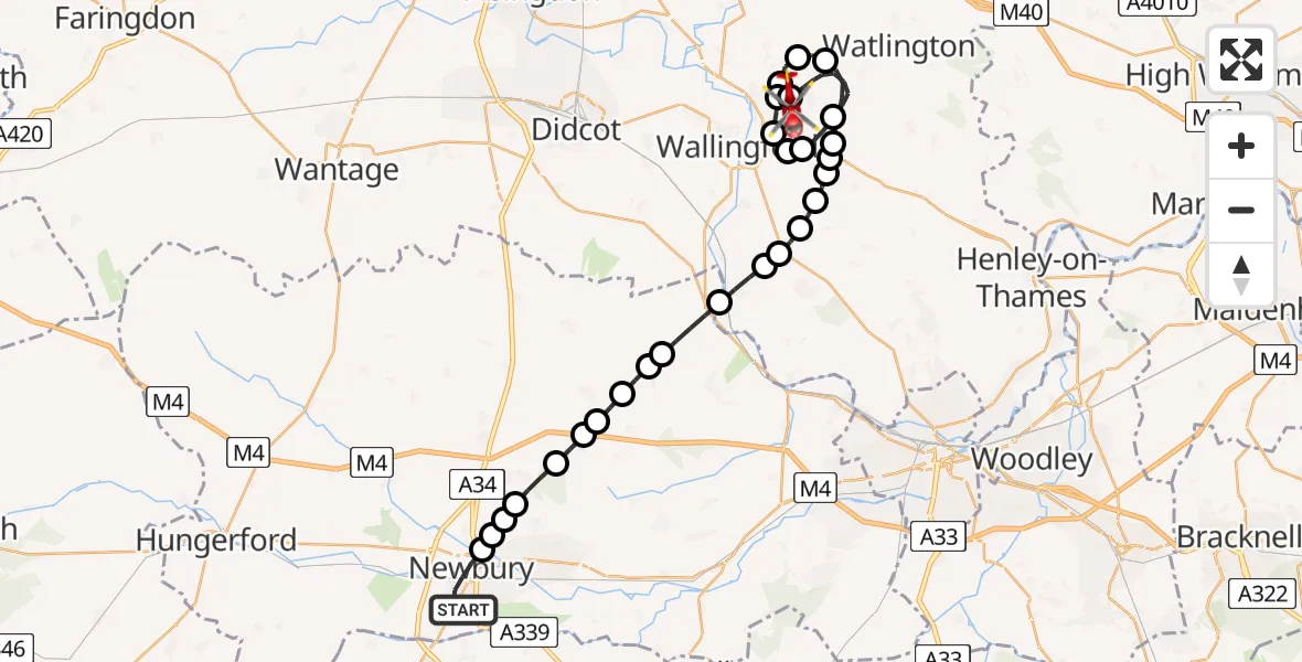 Flight route Air Ambulance Helicopter Newbury - RAF Benson, 13 June 2026, 11:36