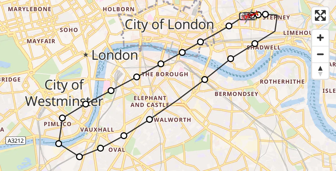 Flight route Air Ambulance Helicopter Royal London Hospital - Royal London Hospital, 13 June 2026, 11:42