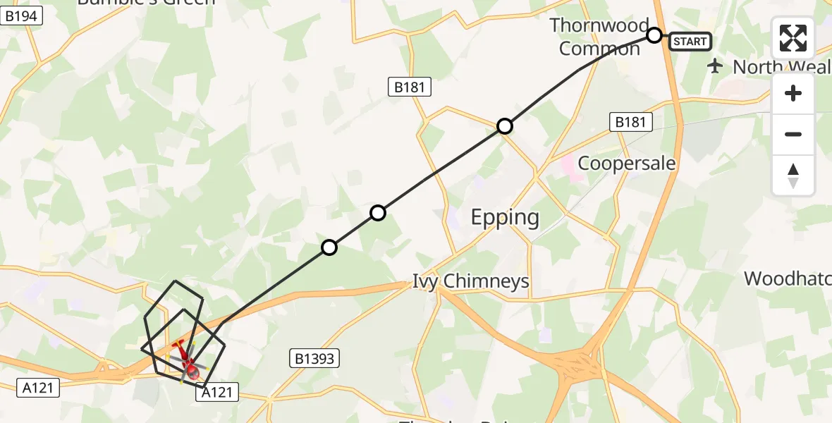 Flight route Air Ambulance Helicopter North Weald Airfield - Epping Forest, 13 June 2026, 11:42