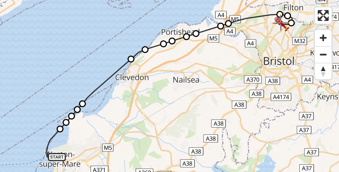 Flight route Air Ambulance Helicopter Weston-super-Mare - Bristol, 13 June 2026, 11:46