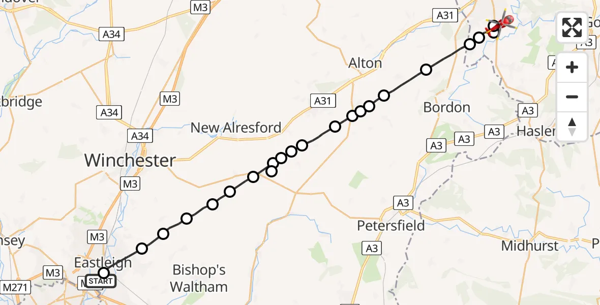 Flight route Air Ambulance Helicopter Southampton Airport - Frensham, 13 June 2026, 11:56
