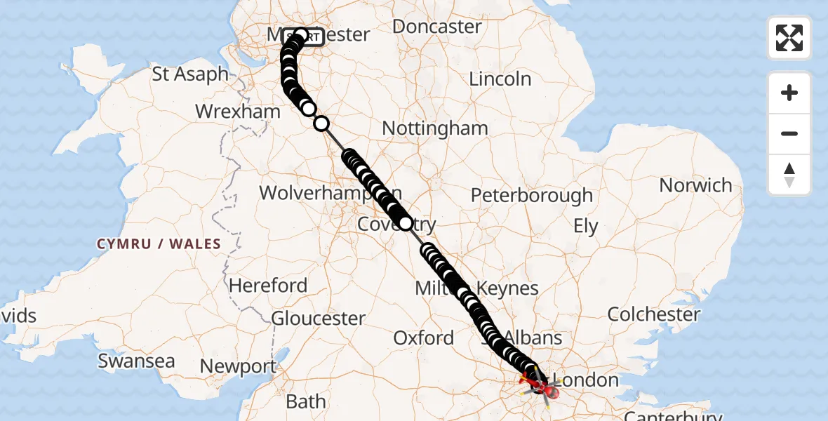 Flight route Air Ambulance Helicopter Manchester Barton Aerodrome - London Heliport, 13 June 2026, 12:03