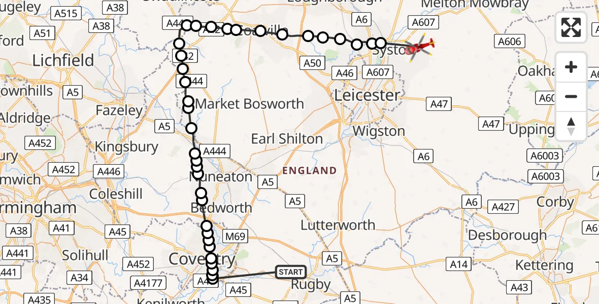 Flight route Air Ambulance Helicopter Rugby - Barsby, 13 June 2026, 12:06
