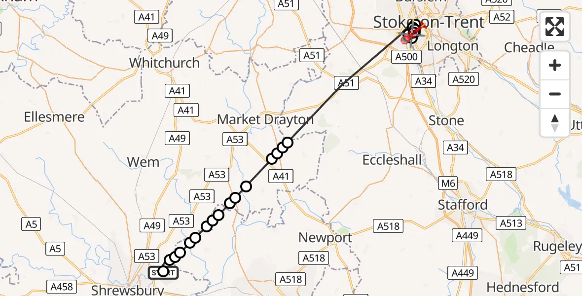 Flight route Air Ambulance Helicopter Uffington - University Hospital North Staffs, 13 June 2026, 12:05
