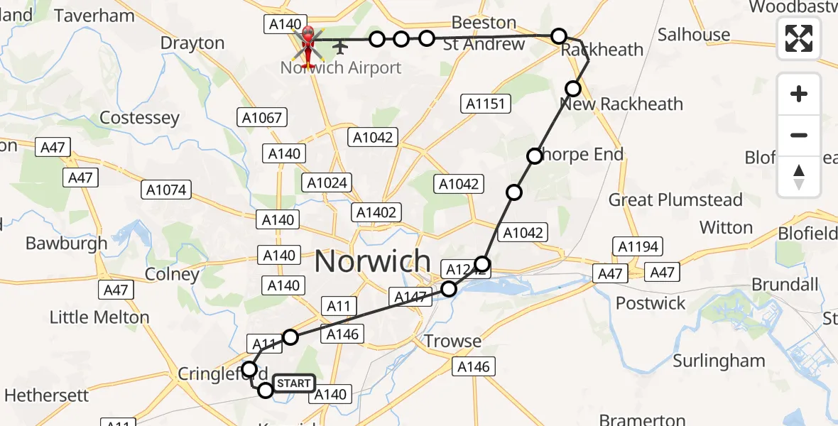 Flight route Air Ambulance Helicopter Norwich - Norwich Airport, 13 June 2026, 12:07