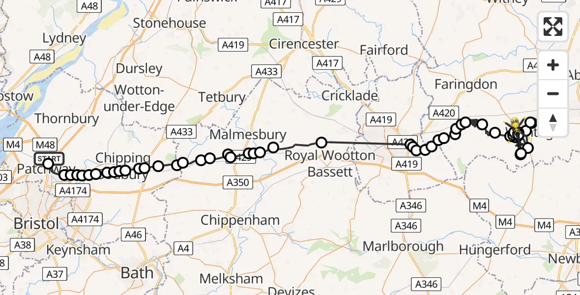 Flight route Police Helicopter Almondsbury Helicopter Base - West Challow, 13 June 2026, 12:10