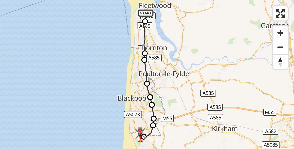 Flight route Air Ambulance Helicopter Fleetwood - Blackpool Airport, 13 June 2026, 12:12