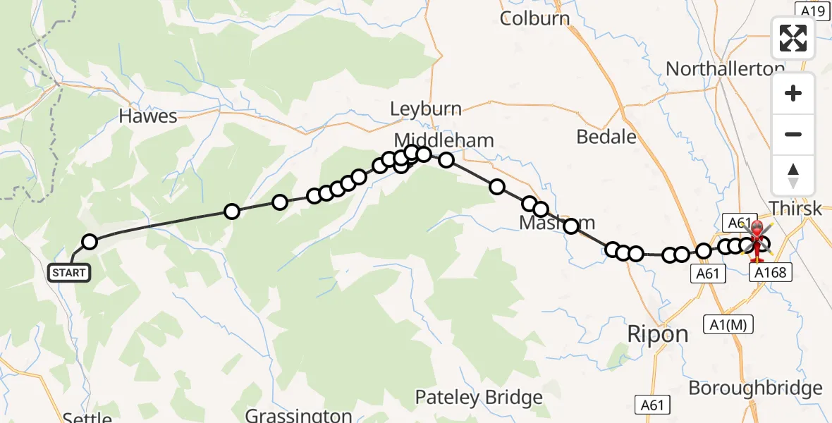Flight route Air Ambulance Helicopter Horton in Ribblesdale - RAF Topcliffe, 13 June 2026, 12:25