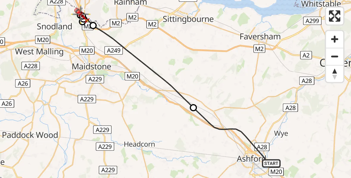 Flight route Air Ambulance Helicopter Ashford - Borstal, 13 June 2026, 12:26