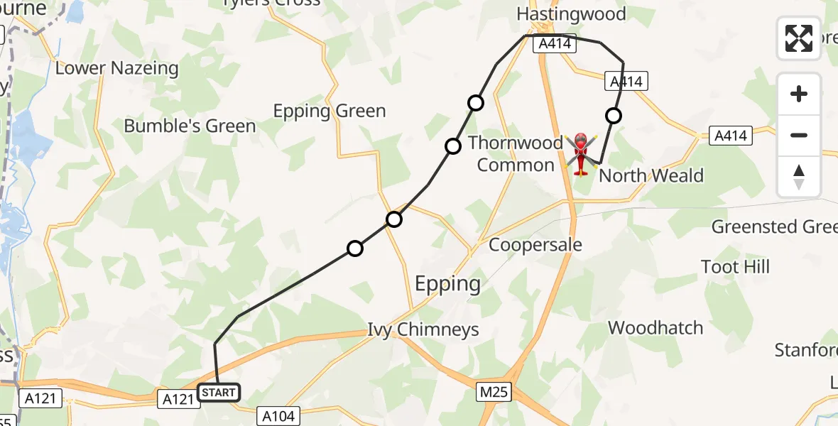 Flight route Air Ambulance Helicopter Epping Forest - North Weald Airfield, 13 June 2026, 12:26