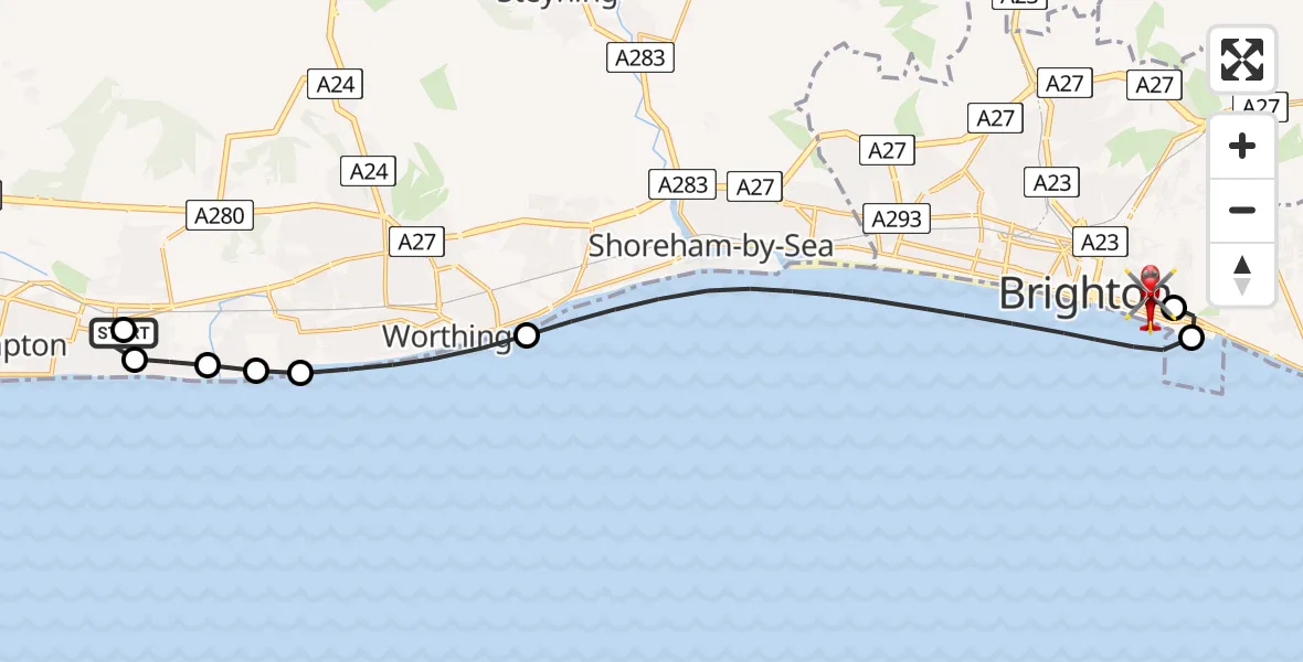 Flight route Air Ambulance Helicopter East Preston - Brighton, 13 June 2026, 12:34