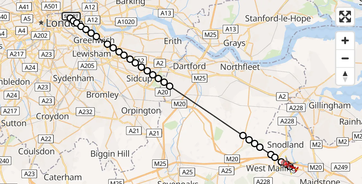Flight route Air Ambulance Helicopter Royal London Hospital - Ditton, 13 June 2026, 12:37