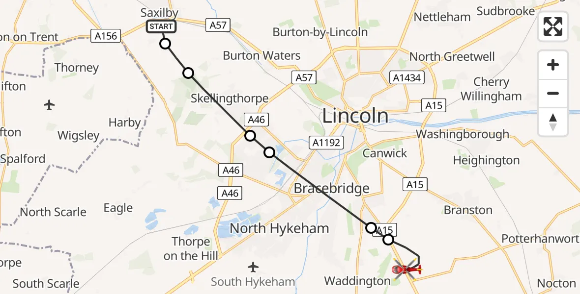 Flight route Air Ambulance Helicopter Saxilby - North Kesteven, 13 June 2026, 12:44