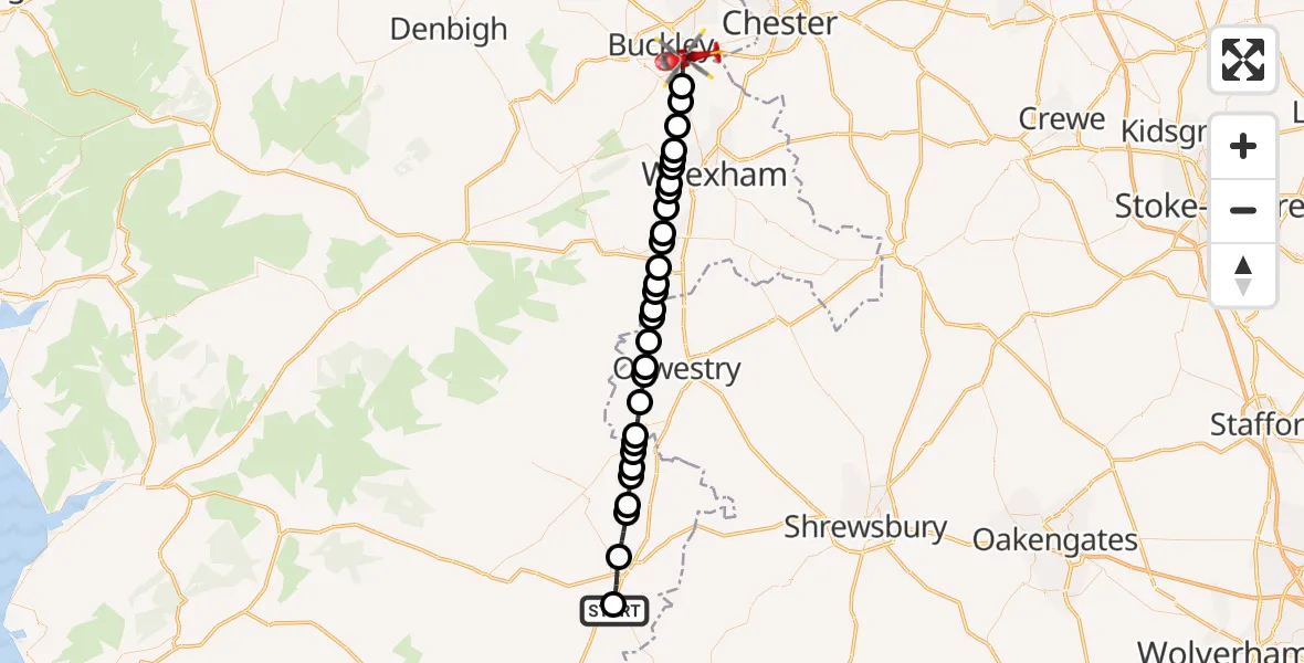 Flight route Air Ambulance Helicopter Welshpool Airport - Penyffordd, 13 June 2026, 12:49