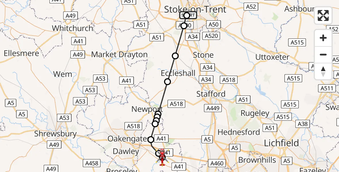 Flight route Air Ambulance Helicopter University Hospital North Staffs - Cosford, 13 June 2026, 12:52