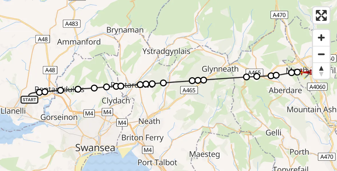 Flight route Air Ambulance Helicopter Dafen - Merthyr Tydfil, 13 June 2026, 12:52