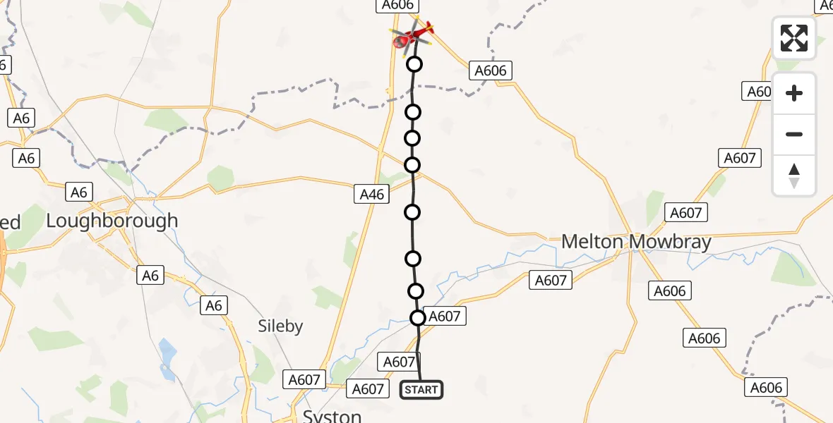 Flight route Air Ambulance Helicopter Rearsby - Hickling, 13 June 2026, 12:54