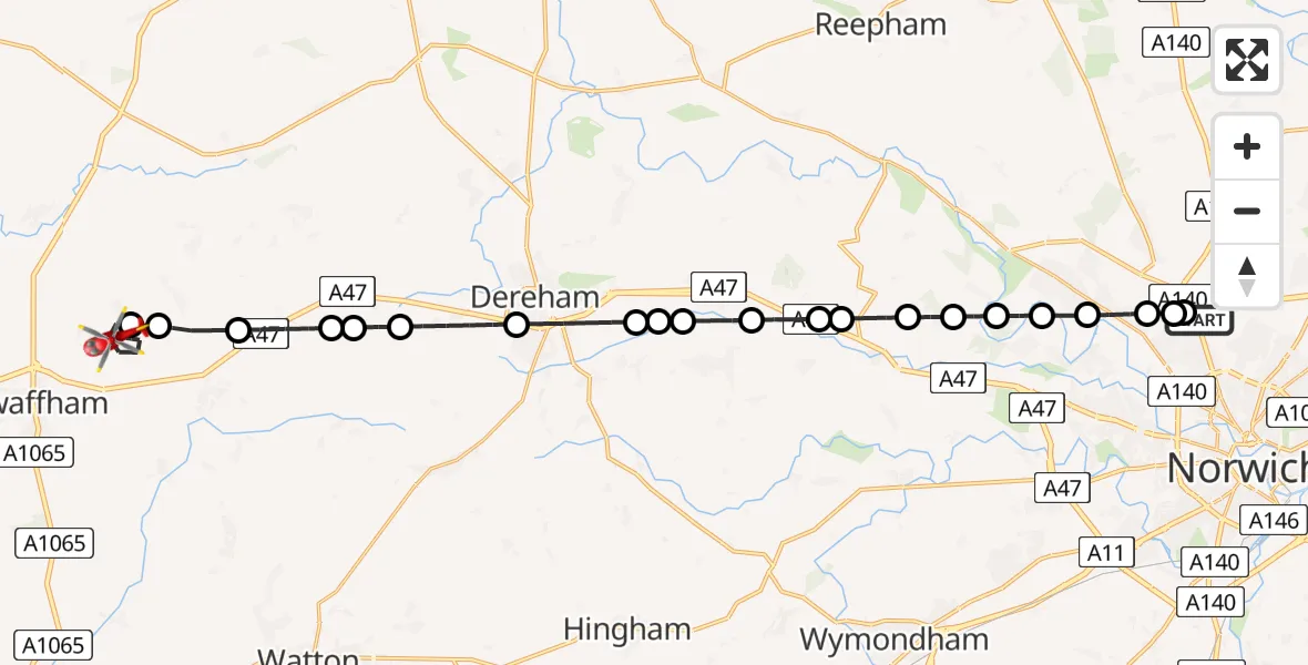 Flight route Air Ambulance Helicopter Norwich Airport - Sporle, 13 June 2026, 12:55