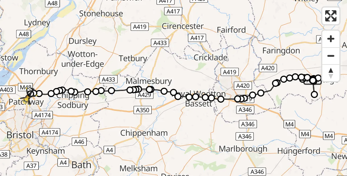Flight route Police Helicopter West Challow - Almondsbury Helicopter Base, 13 June 2026, 12:55
