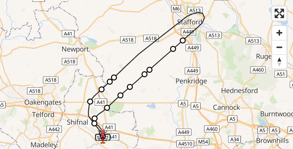 Flight route Air Ambulance Helicopter RAF Cosford - Cosford, 13 June 2026, 13:15