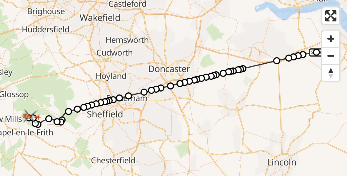 Flight route Coastguard Helicopter Humberside Airport - Upper Booth, 13 June 2026, 13:29