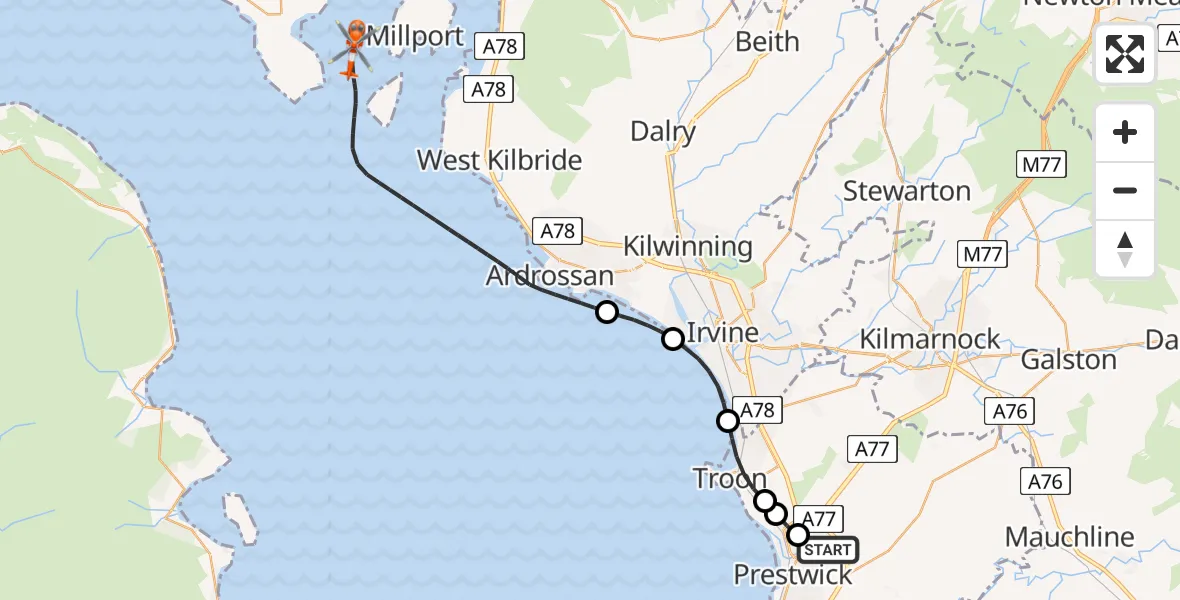 Flight route Coastguard Helicopter Glasgow Prestwick Airport - Inner Seas, 13 June 2026, 13:29