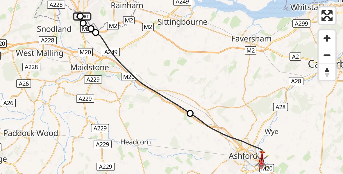 Flight route Air Ambulance Helicopter Rochester Airport - Ashford, 13 June 2026, 13:39