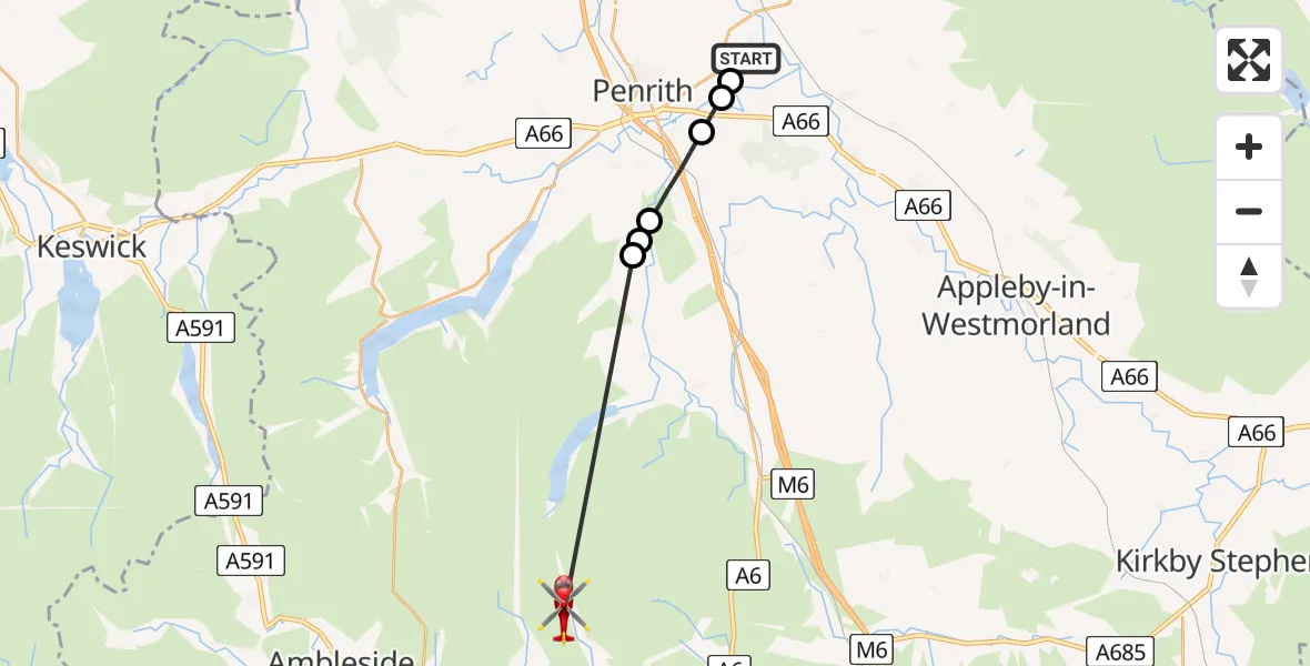 Flight route Air Ambulance Helicopter Edenhall - Sadgill, 13 June 2026, 13:40