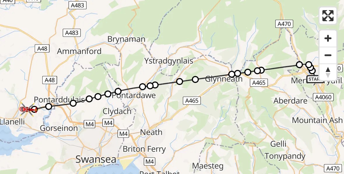 Flight route Air Ambulance Helicopter Merthyr Tydfil - Dafen, 13 June 2026, 13:44